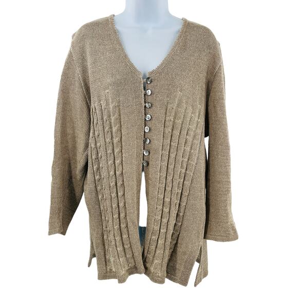 Horveit Natural Style Beige Cotton Linen Knit Long Sleeve Cardigan Sweater L - Picture 1 of 7
